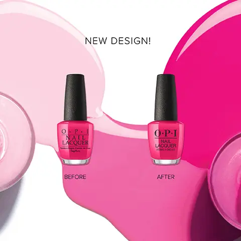 Image 1, New design. Image showing the new packaging before and after. Image 2, Nail Lacquer How to Use- Natural Nail Base Coat prevents nail staining + Nail Lacquer Quality nail color + OPI Top Coat Smooth, high gloss shine. Image 3, Customer review- Usually nail polish doesn't last long on me but this OPI is amazing! Literally the only nail polish I've tried this far where I will get at least a weeks worth of perfectly painted nails!- Five Stars- Koven