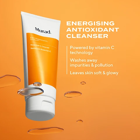Image 1 - A tube of Murad Energising Antioxidant Cleanser with an orange label, accompanied by droplets of liquid on a light orange background, featuring visible text that reads Energising Antioxidant Cleanser, Powered by vitamin C technology, Washes away impurities & pollution, Leaves skin soft & glowy.
              Image 2 - A woman is applying a light foam cleanser to her face, showing a serene expression, against a bright orange background, with visible text that reads Luxurious Energising Vitamin C Cleanser and BRIGHTEN YOUR SKIN WITH EVERY CLEANSE.
              Image 3 - An image of a vibrant orange background featuring three droplets of a clear liquid, with text labels next to each droplet: Sodium PCA with a description of Attracts water to skin & minimises dryness, Panthenol with Softens & moisturises, and Vitamin C with Skin-brightening antioxidant.
              Image 4 - Image shows two transparent bubbles filled with small yellow and white particles, with the text Essential - C Cleanser and GENTLE FOAMING GEL displayed prominently in orange.
              Image 5 - Image shows four skincare cleanser tubes from Murad arranged in a row, each tube labeled with a different name: Renew AHA/BHA Exfoliating Cleanser, Brighten Essential-C Cleanser, Smooth Renewing Cleansing Cream, and Clear Clarifying Cleanser, with the text FIND YOUR CLEANSER above them.