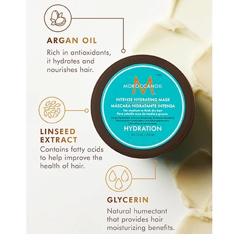 image 1, argan oil, rich in antioxidants, it hydrates and nourishes hair. linseed extract, contains fatty acids to help improve the health of hair. glycerin natural humectant that provides hair moisturizing benefits. image 2, rich and creamy deep conditioning treatment. improves texture, elasticity and shine. formulated with argan oil and linseed extract