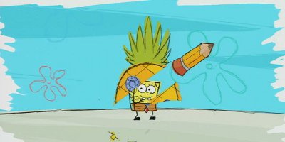 The character splitting a pineapple to reveal Spongebob