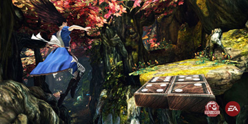 Alice, jumping onto a small bridge made of dominoes