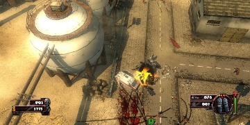 A van spins out of control spilling blood everywhere, and blowing up a nearby car