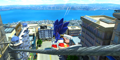 Sonic, grinding on a huge wire, on a board