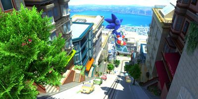 Sonic, flying down a steep hill on a board