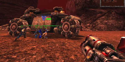 The player, pointing their weapon at a large vehicle