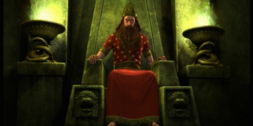 A powerful-looking male character, sat in a throne