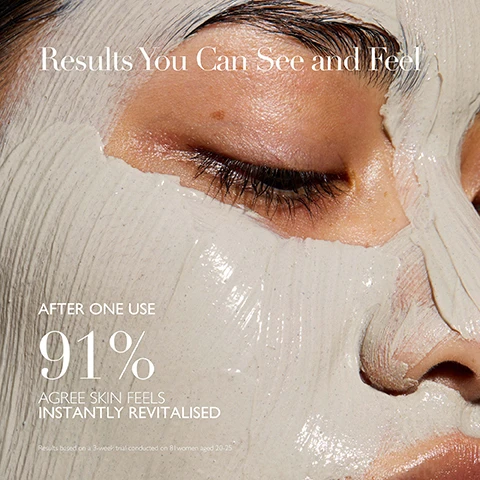Image 1 - Close-up of a womans face covered in a light gray facial mask, with text overlay stating Results You Can See and Feel and additional text noting After one use 91% agree skin feels instantly revitalised. Results based on a 3-week trial conducted on 81 women aged 20-25.
              Image 2 - Image depicting science-backed skincare ingredients with three labeled sections: Hungarian Moor Mud, Kaolin Clay, and Acerola Cherry, each with a brief description of their benefits, on a teal background, followed by the text Powered by The Healing Concentrate™.