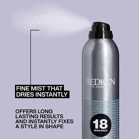 Image 1, fine mist that dried instantly, offers long lasting results and instantly fixes a style in shape. Image 2, fast dry formula, ultra fine mist, adds shine, vegan formula. Image 3, pro tip, for multi step styles, apply after each step to get maximum hold. Image 4, Look fantastic verified customer = i use this hairspray all the time as it is lightweight, quick drying and hair still has natural movement