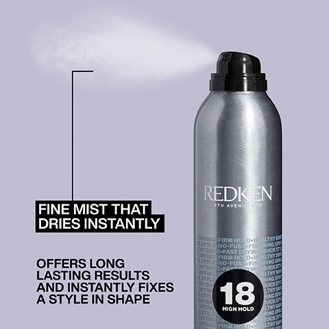 Image 1, fine mist that dries instantly, offers long lasting results and instantly fixes a style in shape. image 2, fast drying formula, ultra fine mist, adds shine, vegan formula. no animal derived ingredients. image 3, pro tip = for multi step styles, apply after each step to get maximum hold. image 4, LF verified customer review - i use this hairspray all the time as it is lightweight, quick drying and hair still has natural movement. image 5, new look. image 6, style confidently.