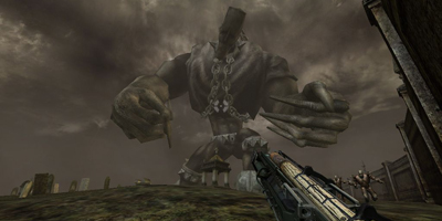 The player, taking aim at a massive enemy