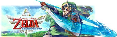 Link, swinging his sword round towards the screen, with his back to the Zelda: Skyward Sword logo