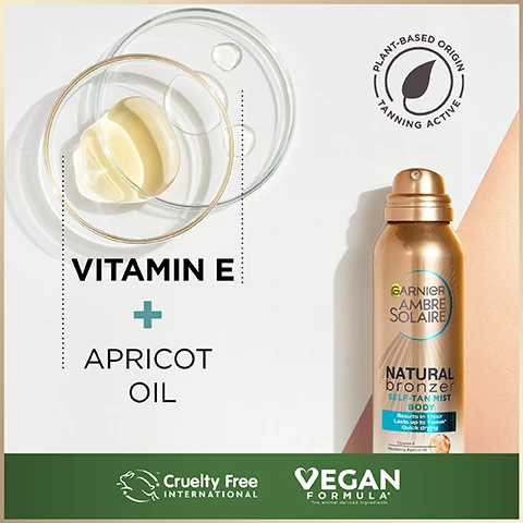 Image 1, vitamin e and apricot oil. cruelty free international and vegan formula. plant based origin, tanning active. image 2, weightless mist texture. easy to apply, buildable, non-sticky and dries quickly. image 3, how to apply. 1 = shake well before use. 2 = apply on dry skin. 3 = blend evenly. 4 - smooth elbows and knees. 5 = reapply as needed. image 4, disvocer garnier's natural bronzer range. image 5, a strict formulation charter. plant based origin tanning active. cruelty free international. streak free. quick dry formula. tested under dermatological control.