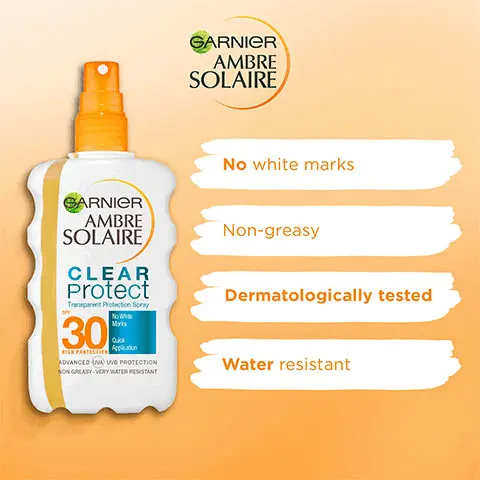 Image 1, no white marks, non-greasy, dermatologically tested, water resistant. Image 2, our best selling product. Image 3, invisible on all skin tones. Image 4, enriched with aloe vera and vitamin E. Image 5, very water resistant. Image 6, Apply just before sunexposure, re-apply frequently and generously, avoid eye area. Image 7, explore the range. Image 8, A strict formulation charter. High protection, against UVA, UVB, LONG UVA, tested under dermatologial control, garnier supports European Cancer Leagues, 100% recyclable plastic bottle, water resistant, invisible on all skin tones, quick-dry formula. Image 9, Over 80 years of expertise, we make the sun safer.