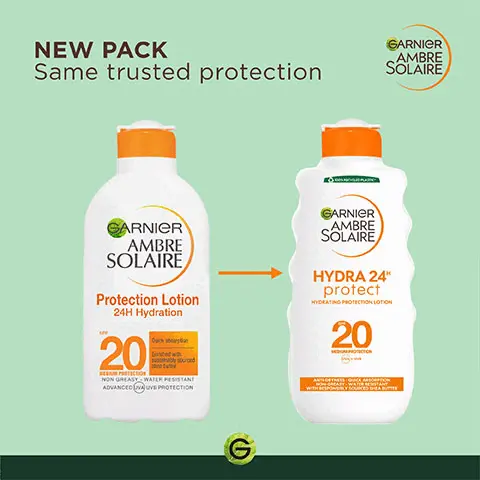 Image 1, New Pack- Same trusted protection. Image 2, Apply just before exposure, re-apply frequently and generously, avoid eye-area. Image 3, A strict formulation charter- Protect against UVB, UVA, long UVA, tested under dermatological control, Garnier supports European Cancer  leagues, 100% recyclable plastic bottle, anti-dryness formula, water resistant, non-greasy and quick absorption, responsibly sources shea butter. Image 4, New Ambre Solaire improved formulas recycled and recyclable packaging