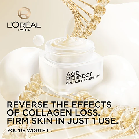 Image 2 - A LOréal Paris Age Perfect Collagen Expert Day cream jar with a swirl of cream on top is centered amidst golden, spiraling molecular-like strands with bubbles and soft cream-colored spheres, and displays the text LOréal Paris, AGE PERFECT COLLAGEN EXPERT DAY, REVERSE THE EFFECTS OF COLLAGEN LOSS. FIRM SKIN IN JUST 1 USE. YOURE WORTH IT. Image 3 - The image features a cream jar labeled AGE PERFECT COLLAGEN EXPERT DAY, positioned near two test tubes filled with golden liquid and spheres, alongside text that reads POWERED BY, [MICRO-COLLAGEN PEPTIDE] HELPS REVERSE THE EFFECTS OF COLLAGEN LOSS TO BOOST SKIN FIRMNESS, and [NIACINAMIDE] HELPS TO REDUCE THE APPEARANCE OF AGE SPOTS. Image 4 - An abstract golden illustration depicts micro-collagen peptides penetrating a layered skin structure, with text stating Micro-Collagen Peptide 30X More Collagen Booster* Easily Slips Into Skin To Help Reverse Signs Of Collagen Loss, and a footnote that reads *30X MORE COLLAGEN PEPTIDES FRACTIONS IN CONCENTRATION 3% VERSUS THE PRECEDENT FORMULA 0.1%. Image 5 - A white skincare jar with a gold lid, surrounded by golden tubes containing liquid and bubbles, is shown against a light gold background, with the text CLINICALLY PROVEN RESULTS 76% OF WOMEN SAW FIRMER SKIN* 98% OF WOMEN SAW SMOOTHER SKIN** -16% AGE SPOTS*** and the product name AGE PERFECT COLLAGEN EXPERT DAY, along with footnotes *SELF-ASSESSMENT 63 WOMEN **SELF-ASSESSMENT 42 WOMEN ***CLINICAL TEST 29 WOMEN and an encircled R logo. Image 6 - A white jar with a gold lid containing Age Perfect Collagen Expert Day cream is centered on a swirling light cream background, with additional text that reads VELVETY RICH CREAM TEXTURE, Deep Nourishment, Non-Greasy, Non-Sticky, and a registered trademark symbol. Image 7 - Three white and gold skincare jars are displayed, labeled from left to right as Age Perfect Collagen Expert Day, Age Perfect Collagen Expert Night, and Age Perfect Collagen Expert Eye, with accompanying text Your Age Perfect Routine, Day Cream with a sun icon, Night Cream with a moon icon, and Eye Cream with sun and moon icons. Image 8 - Three women of different skin tones are shown applying a white cream to their faces, with the text SUITABLE FOR ALL SKIN TONES displayed at the top.