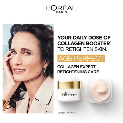 Image 2 - A smiling woman with long, dark hair is shown applying a cream to her cheek, accompanied by a jar and a tub of LOréal Age Perfect Collagen Expert Retightening Care, with the text YOUR DAILY DOSE OF COLLAGEN BOOSTER TO RETIGHTEN SKIN and AGE PERFECT COLLAGEN EXPERT RETIGHTENING CARE visible.
              Image 3 - A jar of cream with a gold lid sits in front of a light green and white abstract background, featuring the text RE-HYDRATING ANTI-SAGGING ANTI-AGE SPOTS and AGE PERFECT.
              Image 4 - A graphic with a green and yellow design featuring the text 50+ FOR MATURE SKIN.
              Image 5 - A graphic with a green and white background featuring three sections of text stating: Safe in the thoroughness of our trials, Safe in the strength of our formulas, and Safe in the ethics of our testing. The text explains the commitment to safe and effective ingredient testing, independent validation, and the cessation of animal testing 30 years ago.
              Image 6 - An arrangement of LOreal Paris Age Perfect skincare products, including cleansing milk, eye cream, day cream, and night cream, with the day cream highlighted and numbered as 3.
              Image 7 - An abstract design background features a grid pattern in green tones, with the text COLLAGEN AA FRACTIONS + MELANIN BLOCK prominently displayed in bold yellow.
              Image 8 - A collage of four images showing a woman demonstrating skincare application steps: in the first image, she is smiling and holding her hands to her face with the text step 1 apply after cleansing; in the second image, she is applying cream to her cheek, with the text step 2 apply the retextening care daily on your face and neck; in the third image, she is gently smoothing product on her face with the text step 3 gently smooth the formula in circular motions; in the fourth image, she is happily showing her face with the text step 4 let it absorb and follow with your usual skincare.