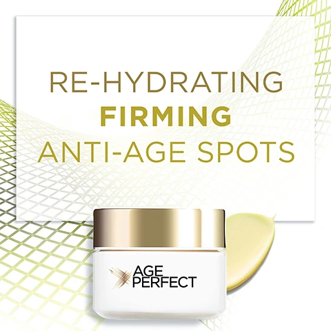 Image 1 - A white jar with a gold lid, labeled Age Perfect, sits next to a swirl of cream-colored product, with text above reading Re-hydrating Firming Anti-Age Spots. Image 2 - A diagram illustrating a skincare routine with three numbered steps and products: 1 Retightening Day Care with an Age Perfect jar, 2 Retightening Night Care with an Age Perfect Night jar, and 3 Re-Hydrating Eye Care with an Age Perfect jar, all under the heading Your Recommended Age Perfect Routine.