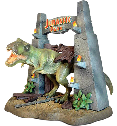 A Model Of A T-Rex Breaking Through Jurassic Park Gates
