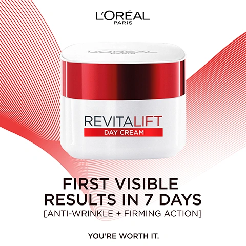 Image 1 - A white and red jar of LOréal Revitalift Day Cream is displayed on a white background with abstract red lines, featuring the text LORÉAL PARIS REVITALIFT DAY CREAM FIRST VISIBLE RESULTS IN 7 DAYS [ANTI-WRINKLE + FIRMING ACTION] YOURE WORTH IT. Image 2 - A white jar of LOréal Revitalift Day Cream is displayed with text reading LORÉAL PARIS, POWERED BY: ADVANCED PRO-RETINOL [ANTI-WRINKLE EFFICACY] + FIBRELASTYL [FIRMING COMPLEX], and YOURE WORTH IT. Image 3 - A white and red jar of LOréal Revitalift Day Cream is shown with text LOréal Paris, REVITALIFT DAY CREAM, POWERED BY: ADVANCED PRO-RETINOL [ANTI-WRINKLE EFFICACY] + FIBRELASTYL [FIRMING COMPLEX], YOURE WORTH IT. Image 4 - A smiling woman holds a jar of white and red LOréal Revitalift Day Cream, with text overlay LOréal Paris, REDUCE APPEARANCE OF WRINKLES, FOREHEAD -26%, NASOLABIAL -13%, CROWS FEET -13%, and on the product jar, REVITALIFT DAY CREAM. Image 5 - A white jar with a red band and lid for LOréal Revitalift Day Cream is centered on a white textured background, with text reading LORÉAL PARIS REVITALIFT DAY CREAM VELVETY SMOOTH TEXTURE NON-OILY • NON-STICKY • NON-GREASY YOURE WORTH IT. Image 6 - An image displays four LOréal Paris Revitalift skincare products on white pedestals, including a red serum bottle with a dropper, a day cream jar, a night cream jar, and an eye cream jar, with the visible text LOréal Paris YOUR ANTI-WRINKLE + FIRMING ROUTINE HYDRATING DAY CREAM Revitalift Day Cream HYDRATING NIGHT CREAM Revitalift Night Cream FAST ACTING SERUM LOréal Paris Revitalift HYDRATING EYE CREAM Revitalift Eye Cream.