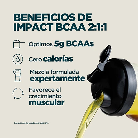 Image 1 - A graphic showing the benefits of Impact BCAA 2:1:1 with a shaker bottle pouring yellow liquid, listing: Óptimos 5g BCAAs, Cero calorías, Mezcla formulada expertamente, Favorece el crecimiento muscular, Por ración de 5g basado en el sabor Uva. Image 2 - The image shows a split background of bubbling purple liquid on the left and bubbling yellow liquid on the right, with the white text Aminoácidos esenciales para el día a día, disponibles en sabores jugosos overlaid. Image 3 - A person drinks from a white Myprotein shaker with yellow liquid, with overlaying white text that reads: 20 AÑOS DE MEJORA CONSTANTE E INCANSABLE, Formulado por nutricionistas expertos, Calidad garantizada por evaluadores externos, Fórmulas perfeccionadas con investigación real, Fabricado en nuestras instalaciones de primer nivel. Image 4 - A persons hands hold a clear Myprotein shaker bottle filled with a purple drink, while overlaid text reads: MARCA Nº1 EN NUTRICIÓN DEPORTIVA EN EUROPA. Constancia, calidad y más de 20 años haciéndolo bien. Respaldado por Euromonitor, la principal autoridad mundial en datos de mercado. Fuente: Euromonitor International Limited; edición Consumer Health 2025, ventas minoristas en valor (PVP), todos los canales de venta, datos 2024. MYPROTEIN.