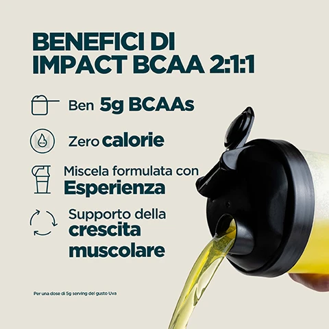 Image 1 - A shaker bottle pours yellow liquid next to a list of benefits: BENEFICI DI IMPACT BCAA 2:1:1, Ben 5g BCAAs, Zero calorie, Miscela formulata con Esperienza, Supporto della crescita muscolare, Per una dose di 5g serving del gusto Uva. Image 2 - A background split vertically between bubbly purple liquid on the left and bubbly yellow liquid on the right, with the white text AMINOACIDI ESSENZIALI QUOTIDIANI, DISPONIBILI IN GUSTI GOLOSI. Image 3 - A person drinks a yellow liquid from a Myprotein shaker bottle, displayed next to a list of text reading: 20 ANNI DI CONTINUO PERFEZIONAMENTO Ideato con professionalità da nutrizionisti Qualità assicurata da tester indipendenti Formule ridefinite da ricerche reali Prodotto da Myprotein e le sue strutture allavanguardia. Image 4 - A person in a maroon sweatshirt holds a grey Myprotein shaker bottle containing purple liquid, next to text that reads IL MARCHIO N.1 IN EUROPA PER LA NUTRIZIONE SPORTIVA Costanza, qualità e oltre 20 anni di risultati eccellenti. Supportato da Euromonitor, lautorità mondiale nei dati di mercato. Fonte: Euromonitor International Limited, edizione Consumer Health 2025, vendite al dettaglio a valore (PSV), tutti i canali di vendita, dati 2024. MYPROTEIN.