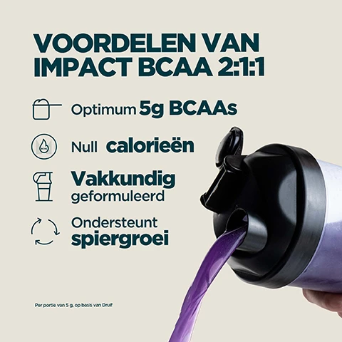 Image 1 - The image shows a list of benefits for Impact BCAA 2:1:1 alongside a hand pouring purple liquid from a shaker bottle, with the text: VOORDELEN VAN IMPACT BCAA 2:1:1, Optimum 5g BCAAs, Null calorieën, Vakkundig geformuleerd, Ondersteunt spiergroei, Per portie van 5 g, op basis van Druif. Image 2 - A split image showing purple bubbly liquid on the left and yellow bubbly liquid on the right, with the text Dagelijkse essentiële aminozuren, verkrijgbaar in frisse smaken. Image 3 - A person drinks a yellow beverage from a clear shaker bottle with Myprotein branding, presented next to white text and icons that state 20 JAAR VAN VOORTDURENDE VERFIJNING, Vakkundig vervaardigd door voedingsdeskundigen, Kwaliteit gegarandeerd door onafhankelijke testers, Formules verfijnd op basis van echte onderzoeken, Geproduceerd bij Myproteins uitstekende faciliteiten. Image 4 - A persons hand holds a clear Myprotein shaker bottle containing a purple liquid and foam, with the image also displaying the text Myprotein: Europas nummer 1 merk in sportvoeding. Consistentie, kwaliteit en meer dan 20 jaar perfectie. Gesteund door Euromonitor, de wereldwijde autoriteit op het gebied van marktdata. The shaker itself shows the Myprotein logo and MYPROTEIN text, and a small source text at the bottom reads Euromonitor International Limited; Consumer Health 2023ed. Myproteins retail value sales, World 2023 data.