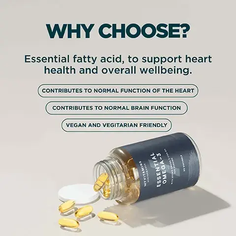 Image 1 - A dark blue Essential Omega-3 supplement bottle is tipped over, spilling yellow softgel capsules onto a light surface beside its white cap, accompanied by text that reads WHY CHOOSE? Essential fatty acid, to support heart health and overall wellbeing, CONTRIBUTES TO NORMAL FUNCTION OF THE HEART, CONTRIBUTES TO NORMAL BRAIN FUNCTION, and VEGAN AND VEGITARIAN FRIENDLY, with the bottle label displaying MYVITAMINS PERFORMANCE ESSENTIAL OMEGA-3 WITH 300MG OMEGA-3 & FISH OIL PER SERVING 90 SOFTGELS. Image 2 - A close-up of many translucent, golden-yellow capsules with white text that reads VEGAN AND VEGETARIAN FRIENDLY ESSENTIAL FATTY ACID. Image 3 - A yellow oval softgel capsule is shown with its dimensions, 28mm in length and 14mm in width, next to the text DAILY SUGGESTED SERVING - 1 SOFTGEL. Image 4 - The image displays nutritional information with the heading NUTRITIONAL INFORMATION and a table of ACTIVE INGREDIENTS showing Daily Serving 1 softgel, Omega-3 Fatty Acid 300mg, EPA 180mg, DHA 120mg, and a footnote *NRV - Nutrient Reference Value.