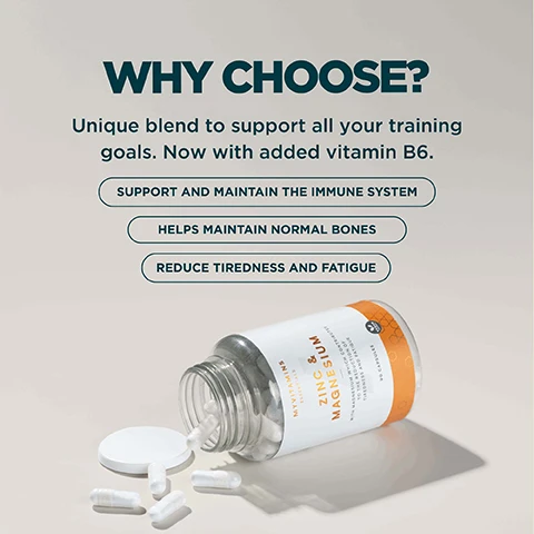 Image 1 - A clear bottle of Myvitamins Essentials Zinc & Magnesium capsules is spilled on a light surface, with several white capsules and the lid next to it, and text above reads WHY CHOOSE? Unique blend to support all your training goals. Now with added vitamin B6. SUPPORT AND MAINTAIN THE IMMUNE SYSTEM HELPS MAINTAIN NORMAL BONES REDUCE TIREDNESS AND FATIGUE, with 90 CAPSULES also visible on the bottle label. Image 2 - A pile of white pills with the text Essential Nutrients for Normal Bodily Function overlayed on top. Image 3 - A white capsule is shown with its dimensions 23mm long and 9mm wide, accompanied by the text Daily Suggested Serving - 1 Capsule. Image 4 - A table on a grey background with an orange hexagonal pattern at the bottom displays nutritional information with the heading Nutritional Information and lists Active Ingredients: Daily Serving 1 Capsule, Magnesium 150mg(40%*), Zinc 10mg(100%*), Vitamin B6 3.7mg(264%*), Copper 200µg(20%*), and a footnote *NRV - Nutrient Reference Value.