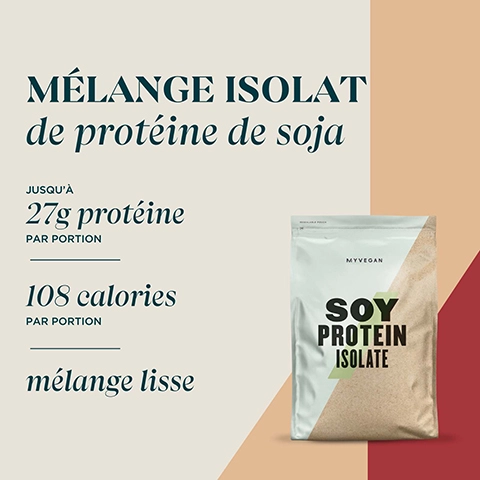 melange isolate de proteine de soja. jusqu'a 27g proteine par portion. 108 calories par portion. melange lisse