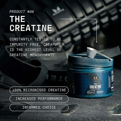 Image 1 - A dark blue tub of Myprotein Pro The Creatine supplement powder with a scoop resting on top is shown against a dark, blurred background of gym equipment, featuring the text PRODUCT #06 THE CREATINE, CONSTANTLY TESTED TO BE IMPURITY FREE, CREAPURE® IS THE HIGHEST LEVEL OF CREATINE MONOHYDRATE, 100% MICRONISED CREATINE, INCREASED PERFORMANCE, INFORMED CHOICE, and on the tub MYPROTEIN PRO The CREATINE UNFLAVOURED Creapure Increases Performance. Image 2 - Image shows the Creapure logo, which features three green horizontal bars and the word Creapure followed by a registered trademark symbol, above text that reads Creapure® is a premium creatine monohydrate produced in Germany. The purest and most researched form of creatine monohydrate. Image 3 - A person swims in dark, choppy water with a circular logo in the top left and text on the left, reading INFORMED WE TEST • YOU TRUST, CHOICE, Every month, blind samples are pulled from our site and third-party tested for banned substances. Image 4 - The image displays a comparison of two Myprotein creatine products, an Impact Creatine pouch and a Myprotein Pro The Creatine tub, over a dark textured background, with the heading Choose Your Creatine, and information including for Impact Creatine: 5 Star creatine monohydrate, Informed Choice, Recommended Serving 3g; and for The Creatine: The worlds purest creatine monohydrate, 99.9% Purity, Recommended Serving 5g, with both products showing Informed Choice logos and The Creatine also displaying a Creapure logo. Image 5 - A silhouette of a man stands on a rocky hill overlooking a misty body of water with distant land, under a blue sky, with the text PRO IS A MINDSET. ITS COMMITMENT, DEDICATION, AND CONSISTENCY IN EVERY ASPECT OF LIFE. PRO IS BUILT TO SUPPORT HIGH-PERFORMANCE LIVING AND PEAK PHYSICAL PERFORMANCE. Image 6 - A person holds an open dark teal container of Myprotein Pro The Creatine Unflavoured, revealing the white powder inside, with text that reads UKS NO. 1 SPORTS NUTRITION BRAND Consistency, quality, and over 20 years of getting it right. Backed by Euromonitor, the global authority on market data. Source Euromonitor International Limited; Consumer Health 2025 edition, retail value sales (RSP), all retail channels, 2024 data. The container also displays text: 5g Creapure Increases Performance 500g 100 Servings.