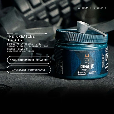 Image 1 - A blue container of creatine powder with a scoop on top, featuring product information including The Creatine, 100% Micronised Creatine, and Increases Performance, along with a four-star rating and text about impurity testing.
Image 2 - A muscular man with a beard sitting outdoors on a hillside, holding a protein shaker with the label MYPROTEIN, with a scenic view of a lake and mountains in the background, and the text OPTIMALLY DOSED, HIGHEST QUALITY, and NO COMPROMISES displayed below.