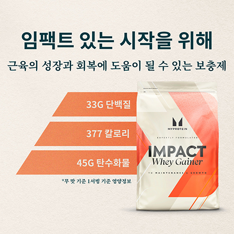 임팩트 있는 시작을 위해 근육의 성장과 회복에 도움이 될 수 있는 보충제 33G 단백질 M MYPROTEIN 377 칼로리 45G 탄수화물 *무 맛 기준 1서빙 기준 영양정보