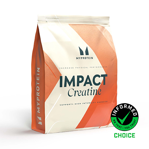 A white and orange stand-up pouch of Myprotein Impact Creatine supplement is shown, featuring the text Resealable Pouch at the top, Myprotein and its logo, Increase Physical Performance, Impact Creatine, Supports High Intensity Exercise, and Myprotein written vertically on the side, along with a circular Informed Choice logo with a green checkmark and the words Informed, We Test, You Trust, and the word Choice below the logo.