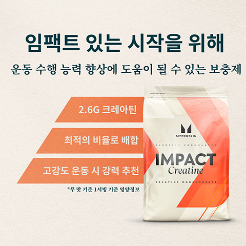 임팩트 있는 시작을 위해 운동 수행 능력 향상에 도움이 될 수 있는 보충제 2.6G 크레아틴 ་ 최적의 비율로 배합 고강도 운동 시 강력 추천 *무 맛 기준 1서빙 기준 영양정보