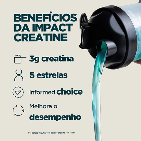Image 1 - A shaker bottle pours blue liquid on a beige background, next to the text BENEFÍCIOS DA IMPACT CREATINE, 3g creatina, 5 estrelas, Informed choice, Melhora o desempenho, and Por porção de 3,4 g, com base no produto sem sabor. Image 2 - A background of a liquid split vertically, with a foamy turquoise substance on the left and an effervescent orange liquid on the right, overlaid with white text that reads DISPONÍVEL EM 4 SABORES DELICIOSOS. Image 3 - A person holds a shaker bottle with blue liquid, with a dark blue and green circular logo visible that says INFORMED, WE TEST, YOU TRUST, and green text below it stating CHOICE, followed by white text in Portuguese saying Todos os meses, amostras cegas são retiradas do nosso local e testadas por terceiros para detectar substâncias proibidas. Image 4 - A person scoops white powder into a Myprotein shaker, with a Myprotein product bag visible, alongside text that reads: 20 ANOS DE APERFEIÇOAMENTO ININTERRUPTO Habilmente elaborado por nutricionistas Qualidade garantida por testadores independentes Fórmulas refinadas por pesquisa real Produzido na Myproteins facilidades excelentes.