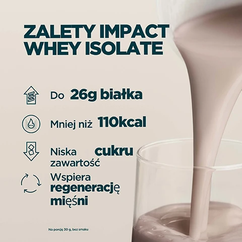 Image 1 - A creamy brown liquid is being poured into a glass, next to a list of product features on a light brown background which reads: ZALETY IMPACT WHEY ISOLATE, Do 26g białka, Mniej niż 110kcal, Niska zawartość cukru, Wspiera regenerację mięśni, Na porcję 30 g, bez smaku. Image 2 - A collage of four close-up sections showing different liquid textures with ice cubes: creamy white, swirling chocolate brown, pink strawberry, and light brown caramel, with the white text WYBIERZ SPOŚRÓD PONAD 20 PYSZNYCH SMAKÓW. Image 3 - A young man in a green jacket drinks from a shaker bottle in a city setting, with a logo in the top left corner that reads INFORMED WE TEST YOU TRUST CHOICE and additional text Co miesiąc pobierane są anonimowe próbki z naszej lokalizacji i badane przez niezależne laboratorium pod kątem substancji zabronionych. Image 4 - A product advertisement displays a red and black Informed Sport certification logo on the left, followed by the text INFORMED WE TEST YOU TRUST, below which is the red word PROTEIN, and then Polish text reading Podczas gdy inni oszczędzają, stosując tanie dodatki, Impact Whey Protein jest niezależnie zweryfikowany i w 100% wolny od wypełniaczy, all against a white background, while the right side shows a beige surface covered in water droplets with the partial dark text MYP visible. Image 5 - A Myprotein protein powder bag stands on a counter next to a bowl of oatmeal held by a hand, with the overlaying text 20 LAT CIĄGŁEGO DOSKONALENIA, Profesjonalnie opracowane przez specjalistów ds. żywienia, Jakość gwarantowana przez niezależnych testerów, Formuły udoskonalane na podstawie rzetelnych badań, Wyprodukowane w doskonałych zakładach Myprotein.