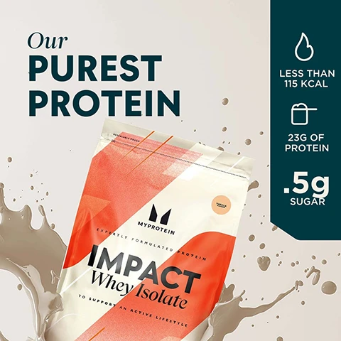 Image 1 - An image of a protein powder bag with a vibrant design featuring the words Our Purest Protein, less than 115 kcal, 23g of protein, and .5g sugar, positioned beside a splash of liquid.
Image 2 - A protein powder bag with a cream and orange design, featuring the text MYPROTEIN EXPERTLY FORMULATED PROTEIN IMPACT Whey Isolate TO SUPPORT AN ACTIVE LIFESTYLE along with the phrase GUARANTEED PROTEIN IN EVERY SERVING.
Image 3 - A white protein shaker with a black lid displays the text 20 years of relentless refinement, along with bullet points stating expertly crafted by nutritionists, quality assured by independent testers, formulas refined by real research, and produced at MyProteins outstanding facilities.