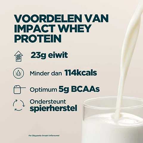 Image 1 - A graphic on a light background shows a stream of white liquid pouring into a glass on the right, with a list of benefits on the left that reads: VOORDELEN VAN IMPACT WHEY PROTEIN, 23g eiwit, Minder dan 114kcals, Optimum 5g BCAAs, Ondersteunt spierherstel, Per 30g portie Smaak Unflavoured. Image 2 - Four sections of different colored beverages or liquids with ice and fruit pieces: beige, brown, pink, and green, with white text overlaying Kies uit meer dan 40 heerlijke smaken. Image 3 - An advertisement displays a white section on the left with the Informed Sport logo and text, next to a textured surface covered in water droplets on the right with a partial MYP logo, with text reading INFORMED WE TEST YOU TRUST, PROTEIN, and Terwijl anderen besparen met goedkope toevoegingen, is Impact Whey Protein onafhankelijk getest en 100% vrij van vulstoffen. Image 4 - A person holds a protein shaker bottle with a light drink, next to a Myprotein bag of IMP. Whey protein powder in a kitchen, with overlaid text that reads 20 JAAR VAN VOORTDURENDE VERFIJNING, Vakkundig vervaardigd door voedingsdeskundigen, Kwaliteit gegarandeerd door onafhankelijke testers, Formules verfijnd op basis van echte onderzoeken, and Geproduceerd bij Myproteins uitstekende faciliteiten.