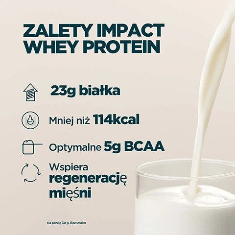 Image 1 - A white liquid pours into a clear glass on the right, next to a list of features on the left that reads: ZALETY IMPACT WHEY PROTEIN, 23g białka, Mniej niż 114kcal, Optymalne 5g BCAA, Wspiera regenerację mięśni, Na porcję 30 g. Bez smaku. Image 2 - Four quadrants display different flavored drinks with ice or fruit pieces: a white drink with amber pieces, a brown swirled drink with dark brown pieces, a pink drink with red pieces, and a green drink with dark green pieces, with the text WYBIERZ SPOŚRÓD PONAD 40 PYSZNYCH SMAKÓW. Image 3 - A close-up of a beverage container with condensation droplets revealing part of the brand name MYP on the right, and on the left, an Informed-Sport logo that reads INFORMED WE TEST YOU TRUST, the word PROTEIN in red, and Polish text below it that states Podczas gdy inni oszczędzają na tanich dodatkach, Impact Whey Protein jest niezależnie testowany i w 100% wolny od wypełniaczy. Image 4 - An infographic over a background of a person holding a shaker bottle and a Myprotein bag lists product features: 20 LAT NIEUSTANNEGO DOSKONALENIA, Profesjonalnie opracowane przez specjalistów ds. żywienia, Jakość gwarantowana przez niezależnych testerów, Formuły udoskonalane na podstawie rzetelnych badań, Wyprodukowane w doskonałych zakładach Myprotein, with the Myprotein bag also showing IMP Whey.
