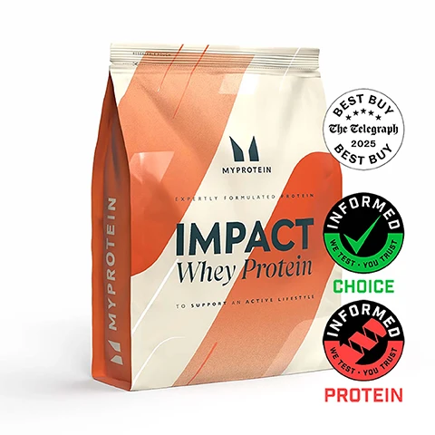 Image 1 - A large white and orange resealable pouch of Myprotein Impact Whey Protein powder is displayed, featuring text including Resealable Pouch, Myprotein, Expertly Formulated Protein, Impact Whey Protein, To Support An Active Lifestyle, Best Buy The Telegraph 2025, Informed Choice We Test You Trust Choice, and Informed Sport We Test You Trust Protein. Image 2 - A hand holds a Myprotein shaker bottle on a light background with text reading BENEFITS OF IMPACT WHEY PROTEIN and listing benefits: Mighty 23g protein, Promotes muscle recovery, Supports muscle growth & maintenance, Less than 114kcal, and Optimum 5g BCAAs, with small text at the bottom stating Per 30g serving, based on Unflavoured. Image 3 - A white and orange Myprotein protein powder pouch stands amidst splashes of liquid, with text above reading 40+ DELICIOUS FLAVOURS So youll never get bored, and the pouch itself shows Myprotein EXPERTLY FORMULATED PROTEIN IMPACT Whey Protein TO SUPPORT AN ACTIVE LIFESTYLE. Image 4 - An image showing a close-up of a protein product, with the left side displaying a white background with a black and red circular Informed We Test You Trust logo, red text PROTEIN, and dark text that reads While others cut corners with cheap additives, Impact Whey Protein is independently verified and 100% filler-free, while the right side shows a textured, water-beaded surface with the partially visible letters MYP. Image 5 - A smiling man in a grey t-shirt is beside text that reads: SCIENCE-LED & ATHLETE-APPROVED, Developed by in-house qualified nutritionists, Continued innovation guided by our Performance Advisory Board of expert researchers, doctors, and elite athletes, Paul Smith-Johnson, Head of Innovation. Image 6 - A young man drinks from a Myprotein shaker bottle, with a white text box overlay displaying Tastes good, high protein content, and mixes well! MYPROTEIN COMMUNITY MEMBER, and a Trustpilot rating of 4.4 stars based on 142,867 reviews. Image 7 - A person drinks from a protein shaker bottle in a green field, with the text TRACEABILITY START TO FINISH Tested for harmful contaminants like heavy metals, microbes, and undeclared allergens — all under strict safety controls, and a white BRCGS Food Safety CERTIFICATED logo displayed. Image 8 - A hand with light pink manicured nails holds a clear Myprotein shaker bottle, filled with a creamy light-colored liquid, against a dark, textured background, with visible text stating UKS NO. 1 PROTEIN POWDER BRAND Consistency, quality, and over 20 years of getting it right. Backed by Euromonitor, the global authority on market data. Source: Euromonitor International Limited; Consumer Health 2023ed, Myproteins retail value sales, World 2023 data. MYPROTEIN.