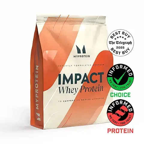 Image 1 - A large white and orange resealable pouch of Myprotein Impact Whey Protein powder is displayed, featuring text including Resealable Pouch, Myprotein, Expertly Formulated Protein, Impact Whey Protein, To Support An Active Lifestyle, Best Buy The Telegraph 2025, Informed Choice We Test You Trust Choice, and Informed Sport We Test You Trust Protein. Image 2 - A hand holds a Myprotein shaker bottle on a light background with text reading BENEFITS OF IMPACT WHEY PROTEIN and listing benefits: Mighty 23g protein, Promotes muscle recovery, Supports muscle growth & maintenance, Less than 114kcal, and Optimum 5g BCAAs, with small text at the bottom stating Per 30g serving, based on Unflavoured. Image 3 - A white and orange Myprotein protein powder pouch stands amidst splashes of liquid, with text above reading 40+ DELICIOUS FLAVOURS So youll never get bored, and the pouch itself shows Myprotein EXPERTLY FORMULATED PROTEIN IMPACT Whey Protein TO SUPPORT AN ACTIVE LIFESTYLE. Image 4 - An image showing a close-up of a protein product, with the left side displaying a white background with a black and red circular Informed We Test You Trust logo, red text PROTEIN, and dark text that reads While others cut corners with cheap additives, Impact Whey Protein is independently verified and 100% filler-free, while the right side shows a textured, water-beaded surface with the partially visible letters MYP. Image 5 - A smiling man in a grey t-shirt is beside text that reads: SCIENCE-LED & ATHLETE-APPROVED, Developed by in-house qualified nutritionists, Continued innovation guided by our Performance Advisory Board of expert researchers, doctors, and elite athletes, Paul Smith-Johnson, Head of Innovation. Image 6 - A young man drinks from a Myprotein shaker bottle, with a white text box overlay displaying Tastes good, high protein content, and mixes well! MYPROTEIN COMMUNITY MEMBER, and a Trustpilot rating of 4.4 stars based on 142,867 reviews. Image 7 - A person drinks from a protein shaker bottle in a green field, with the text TRACEABILITY START TO FINISH Tested for harmful contaminants like heavy metals, microbes, and undeclared allergens — all under strict safety controls, and a white BRCGS Food Safety CERTIFICATED logo displayed. Image 8 - A hand with light pink manicured nails holds a clear Myprotein shaker bottle, filled with a creamy light-colored liquid, against a dark, textured background, with visible text stating UKS NO. 1 PROTEIN POWDER BRAND Consistency, quality, and over 20 years of getting it right. Backed by Euromonitor, the global authority on market data. Source: Euromonitor International Limited; Consumer Health 2023ed, Myproteins retail value sales, World 2023 data. MYPROTEIN. Image 9 - A creamy protein shake with small crunchy pieces is poured from a container into a clear glass, with the text BENEFITS OF IMPACT WHEY PROTEIN, Mighty 20g protein, Less than 124kcals, Added biscuit crunch, Supports muscle recovery, Per 30g serving based on Vanilla Honeycomb displayed on the left. Image 10 - A person wearing a maroon hoodie stands behind a kitchen counter, holding a white shaker bottle, next to a large bag of Myprotein Impact Whey Protein, with overlay text reading 20 YEARS OF RELENTLESS REFINEMENT, Expertly crafted by nutritionist, Quality assured by independent testers, Formulas refined by real research, produced at Myproteins outstanding facilities, and text on the protein bag reading MYPROTEIN EXPERTLY FORMULATED PROTEIN IMPACT Whey Protein WITH HONEYCOMB FLAVOUR PIECES VANILLA HONEYCOMB FLAVOUR 20g PROTEIN / LOW SUGAR / 4g BCAAs.