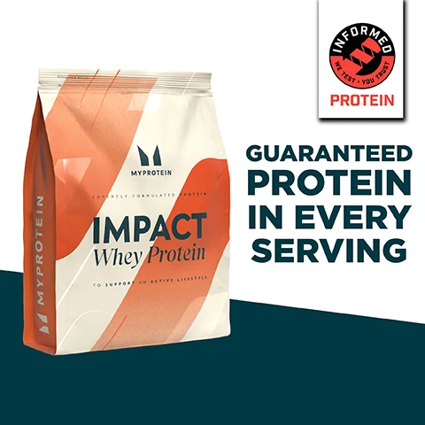Image 1 - A package of MyProtein Impact Whey Protein features a cream and orange design with the text GUARANTEED PROTEIN IN EVERY SERVING and EXPERTLY FORMULATED PROTEIN prominently displayed.
Image 2 - An image of a white shaker bottle with a black lid featuring the MyProtein logo, accompanied by text that says 20 YEARS OF RELENTLESS REFINEMENT, EXPERTLY CRAFTED BY NUTRITIONISTS, QUALITY ASSURED BY INDEPENDENT TESTERS, FORMULAS REFINED BY REAL RESEARCH, and PRODUCED AT MYPROTEINS OUTSTANDING FACILITIES.