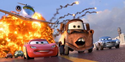 Finn McMissile, Mater And Lightening McQueen Being Chased By A Jet Plane