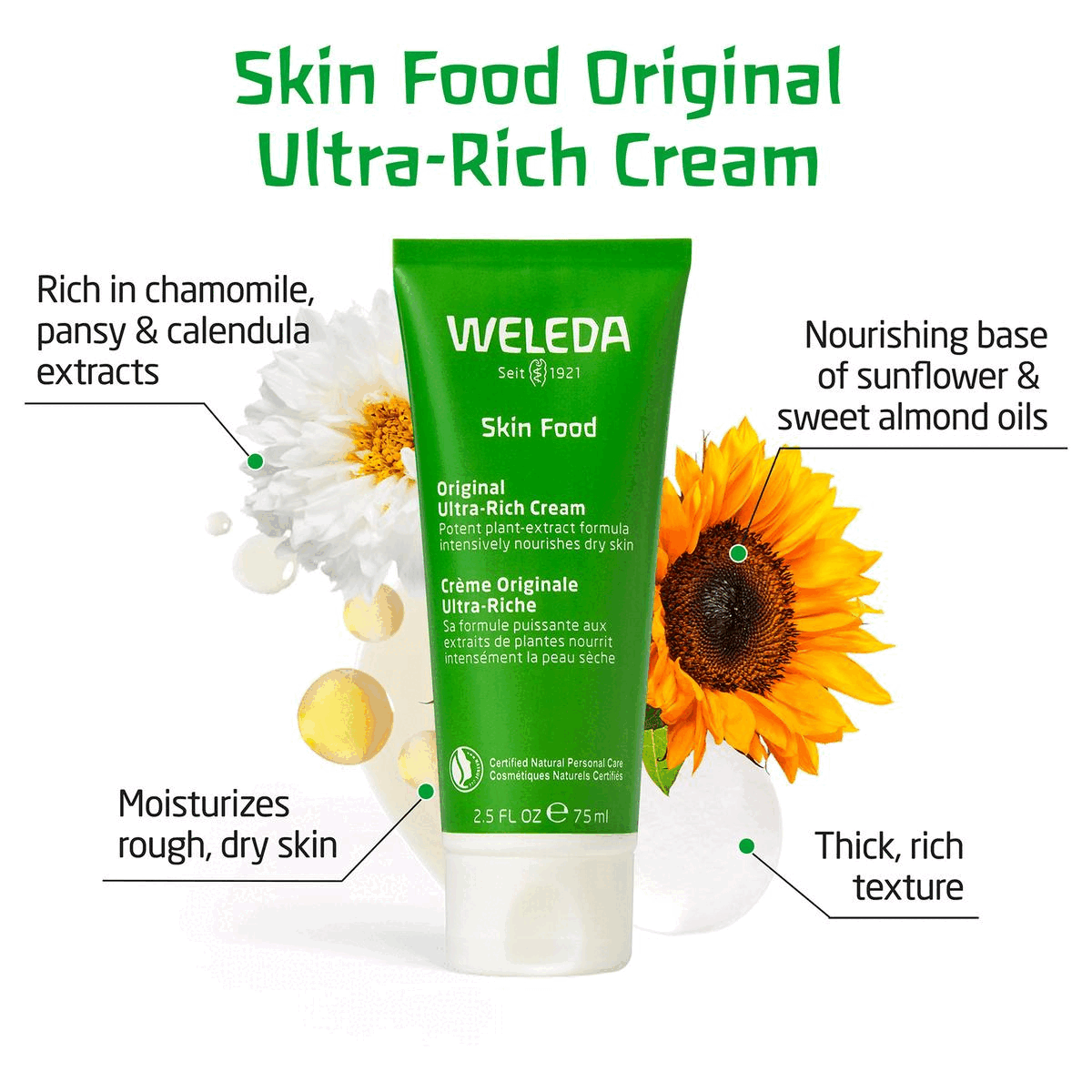 Three images transiting into each other in an endless loop. Image One: Showing an image of the product. Text: Skin Food Original Ultra-Rich Cream. Rich in chamomile, pansy & calendula extracts. Nourishing base of sunflower & sweet almond oils. Potent plant-extract formula intensively nourishes dry skin. Certified Natural Personal Care. Moisturizes rough, dry skin. Thick, rich texture. Image Two: Showing the product being used on a hand. Text: Best-selling plant-rich moisturizer since 1926. Image Three: Image shows the skin food range. Text: Skin Food. Nourish your skin from Head-to-Toe.