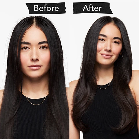 Image 1 - Side-by-side comparison of a woman before and after a hair transformation, with Before and After labels at the top of each side.
              Image 2 - A blue bottle of Bumble and Bumble Sunday Shampoo is centered between two metal faucets, with icons indicating scalp care, removal of unwanted oil, and deep cleansing displayed around it.