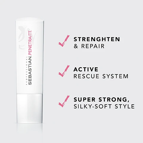 Image 2 - A white tube of Sebastian Penetrate hair treatment with text indicating it strengthens and repairs, features an active rescue system, and provides a super strong, silky-soft style.
              Image 4 - Image illustrating hair care instructions with three steps: remove excess water, distribute through the hair, and rinse thoroughly.
              Image 6 - Three bottles of hair care products are displayed, with the white bottle labeled Sebastian Penetraitt and the black bottle also labeled Penetraitt, accompanied by text that reads Combine with Penetraitt Shampoo & Penetraitt Mask for extra care.