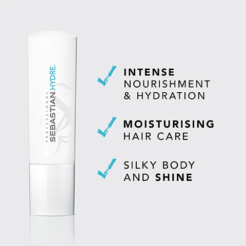 Image 2 - A white tube of Sebastian Hydre hair care product is displayed on a light gray background, with text that reads INTENSE NOURISHMENT & HYDRATION, MOISTURISING HAIR CARE, and SILKY BODY AND SHINE.
              Image 4 - An instructional graphic showing three steps for product use: an icon of a water droplet with a line through it labeled REMOVE EXCESS WATER, an icon of hands distributing product labeled DISTRIBUTE, and a showerhead icon labeled RINSE, with the title HOW TO USE at the top.
              Image 5 - Image of three bottles of Sebastian Hydre hair care products on a light background, with text that reads combine with Hydre conditioner & Hydre treatment for best results.