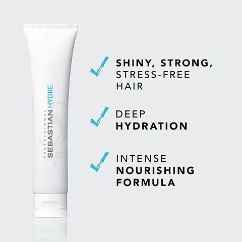 Image 2 - A white tube of Sebastian Hydra hair product is centered against a light background, with text next to it highlighting benefits: Shiny, strong, stress-free hair, deep hydration, and intense nourishing formula.
              Image 4 - Image shows a light background with the text HOW TO USE at the top, an illustrated icon of stars and waves below, and the text USE ON CLEAN, WET HAIR.
              Image 5 - Image shows three bottles of hair care products: a black bottle labeled Sebastian HYDRE, a white bottle with a pump labeled Sebastian HYDRE, and a larger white bottle labeled Sebastian HYDRE, with text that reads Combine with HYDRE SHAMPOO & HYDRE CONDITIONER FOR BEST RESULTS.