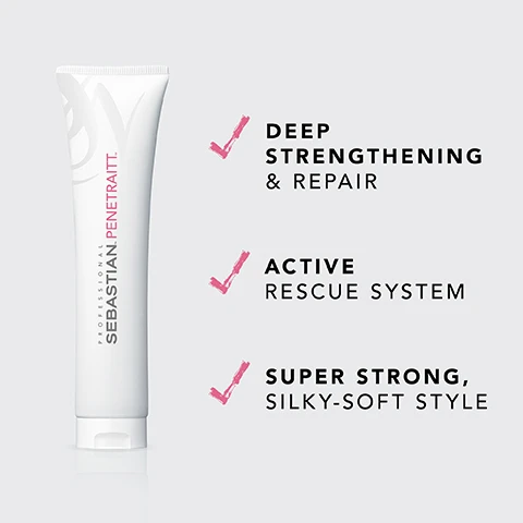 Image 2 - A white tube of Sebastian Penetraitt hair treatment is displayed with three bullet points highlighting its benefits: Deep strengthening & repair, Active rescue system, and Super strong, silky-soft style.
              Image 4 - Image shows instructions for a hair product with icons; visible text includes HOW TO USE, REMOVE EXCESS WATER, DISTRIBUTE THROUGH THE HAIR, and LEAVE IN FOR 2-3 MINUTES AND RINSE THOROUGHLY.
              Image 6 - A comparison image showing hair before and after styling, with the left side displaying frizzy and unstyled hair and the right side showing smooth and straightened hair; visible text includes BEFORE on the left and AFTER* on the right, with a note below stating *AFTER APPLICATION AND STYLING.
              Image 7 - Image shows three bottles of hair care products, two white and one black, labeled Sebastian Penetraitt, with a text overlay that reads Combine with Penetraitt Shampoo & Penetraitt Mask for Extra Care.