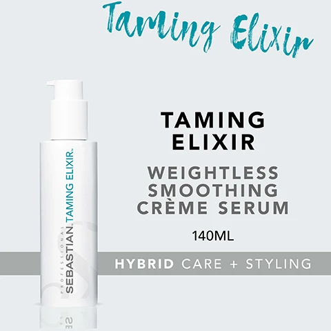 Image 2 - A bottle of Sebastian Taming Elixir, a weightless smoothing crème serum, labeled with 140ML and text that reads HYBRID CARE + STYLING.
              Image 3 - A bottle of Sebastian Taming Elixir smoothing crème serum is displayed with two bullet points indicating benefits: weightless, smoothing crème serum and touchably supple hair, without the feel of any product.
              Image 4 - Image shows instructions for adding texture and hold to hair, featuring two icons: one with the text scrunch into dry hair and another with the text set hair.
              Image 5 - Image shows a step-by-step guide with the heading HOW TO USE, followed by three numbered instructions: DISPENSE FEW DROPS, APPLY TO DAMP HAIR, and BLOW DRY.